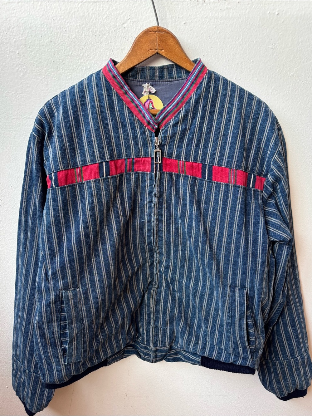 Vintage indigo Striped Blue Bomber Jacket with Pink Accent